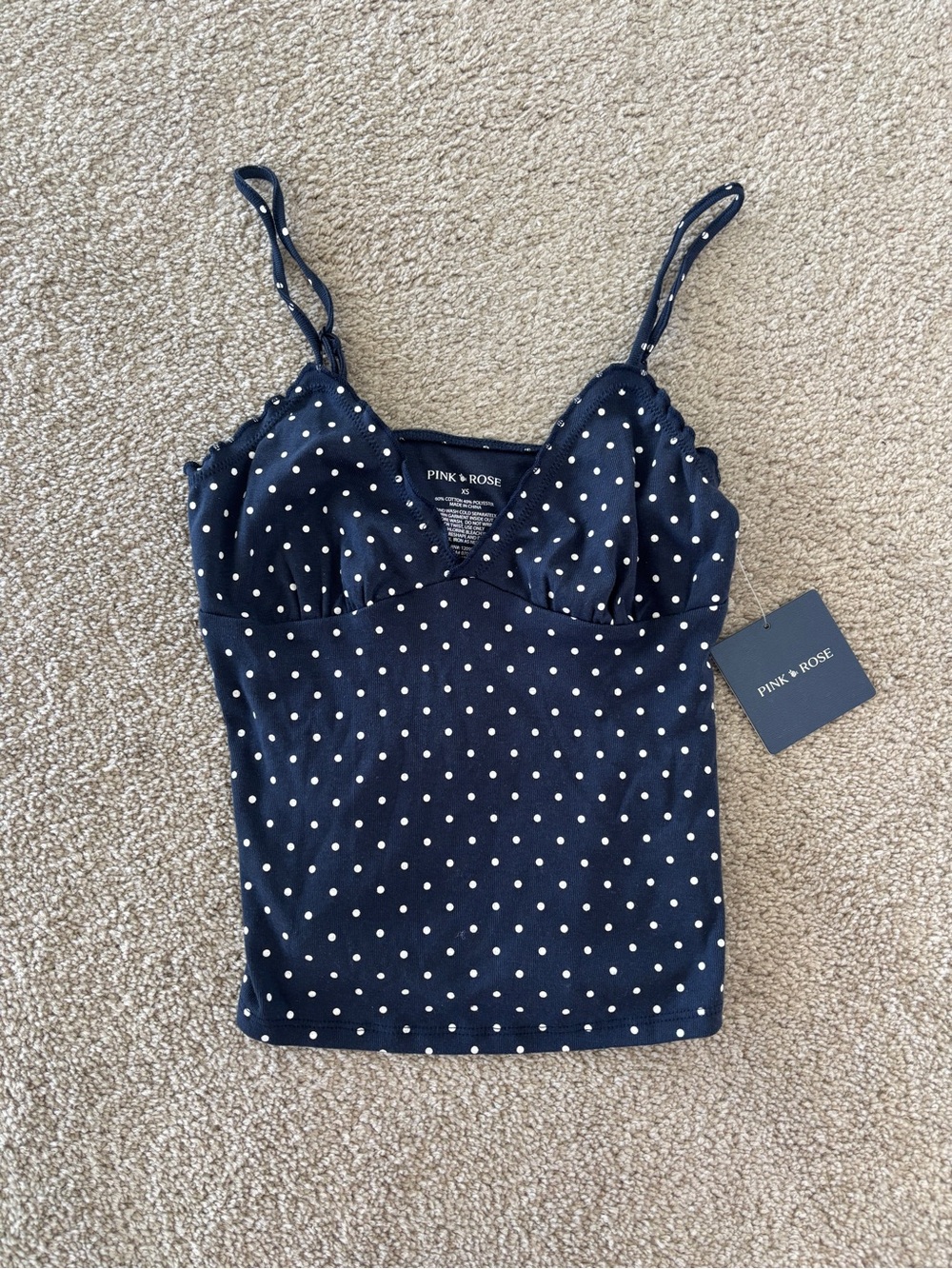 Pink + Rose Navy Polka Dot Spaghetti Strap Camisole